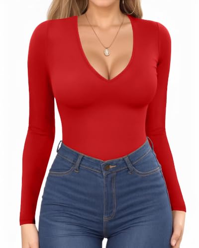 Deep V Neck Long Sleeve Shirts for Women Low Cut Tops Sexy Fitted T Shirts at Amazon