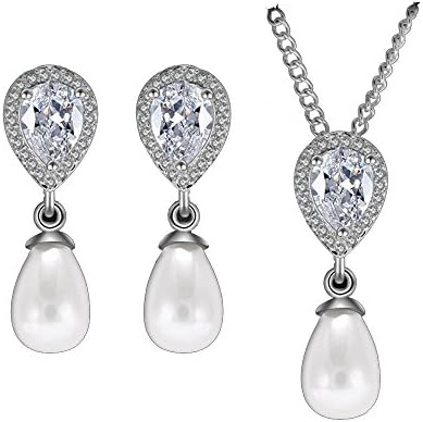 FEDONA 925 Sterling Silver CZ Cream Simulated Pearl Infinity Bridal Necklace Hook Earrings Jewelry Set Clear