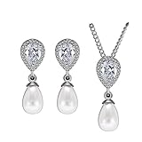 FEDONA 925 Sterling Silver CZ Cream Simulated Pearl Infinity Bridal Necklace Hook Earrings Jewelry Set Clear