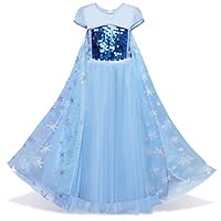 LENSEN Tech Girls Sequin Princess Elsa Costume Halloween Snow Queen Dress up (Blue, 7)