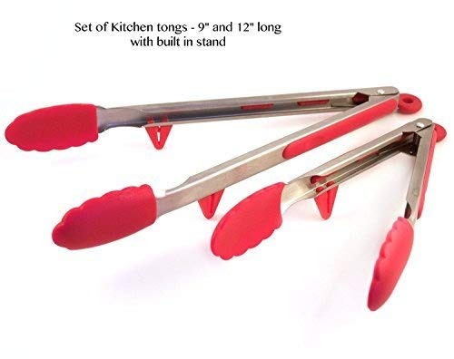 Stainless Steel And Silicone Kitchen Tongs And Cooking Utensils With Built-in Stand, Set Of 2 (9 Inch And 12 Inch)
