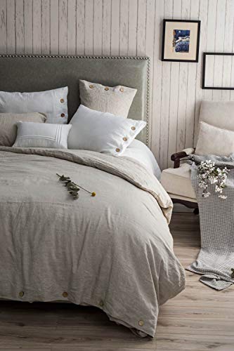 meadow park Stone Washed Pure Linen Duvet Cover Set 3 Piecss, Queen 90 inches x 94 inches- Shams 20 inches x 26 inches, Coconut Shell Button Closure - Corner Ties - Super Soft, Natural - Thumbnail 3