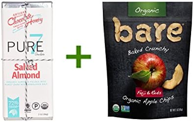 Pure 7 Chocolate 72% Cacao Dark Chocolate Bar Salted Almond -- 2 oz, (3 PACK), Bare Organic Baked Crunchy Apple Chips Gluten Free Fuji &amp; Reds -- 3 oz