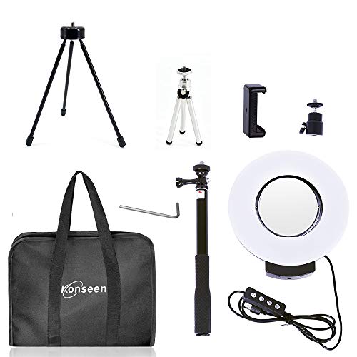 8" Dimmable Ring Light Selfie Live Stream Continuous Output Lighting Adjust Stick Stand 4" Mirror&Phone Holder for Makeup Photography LED Ring Lamp Outdoor Camera Photo Video 3 Color Lighting Mode Kit