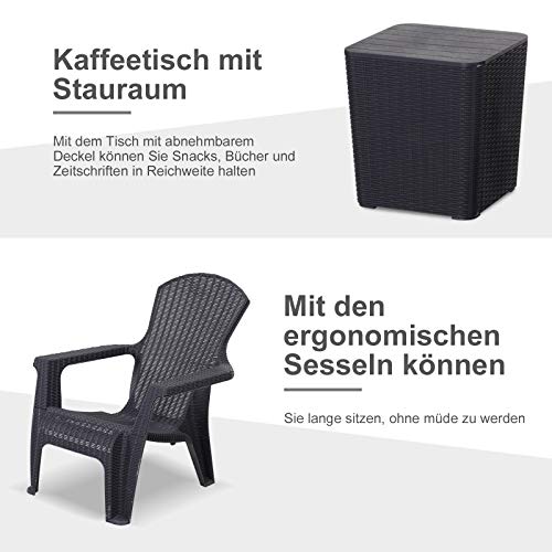 Outsunny Dreiteiliges Gartenmöbel Set, Sitzgruppe, 2 Stühle, Kaffeetisch mit Stauraum, PP, Schwarz – Bild 4
