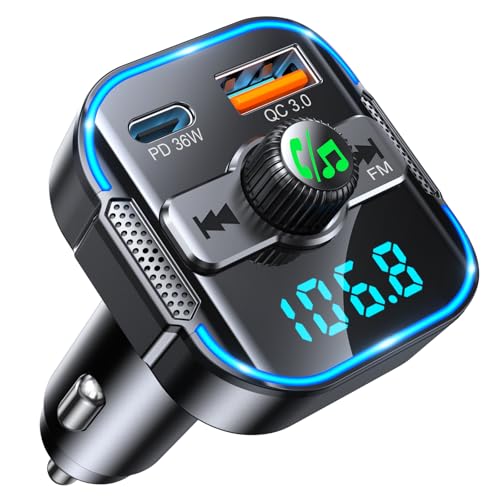 Glangeh 2026 Upgraded Bluetooth 5.3 Car Adapter【PD 36W+QC3.0 18W】, 2-in-1 Bluetooth FM Transmitter 【Dual Stronger Mics】& Fast Car Charger, Wireless Car Radio Adapter Hands-Free Kit, Siri Assistant