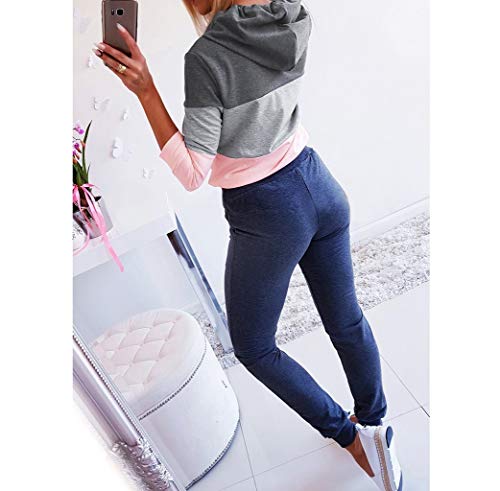 Aunimeifly Women's Color Block Patchwork Hoodie Ladies Striped Long Sleeve Short Sweatshirt Autumn Tops Blouse Gray
