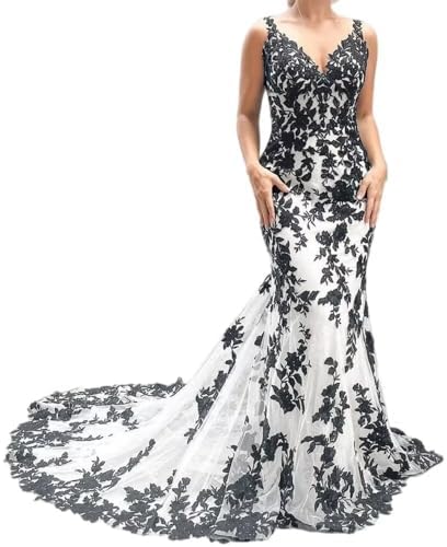 white mermaid dress with black lace Black And White Mermaid Wedding Dress Mermaid Black Lace Wedding Dress,V-neck  Bridal Gown,WD00664