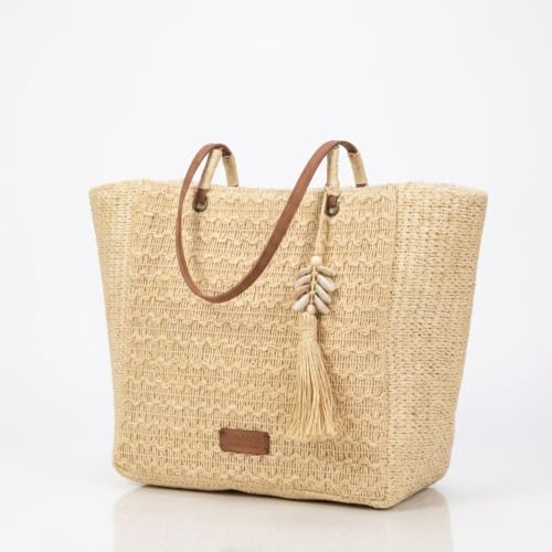 Women's Large Raffia Bag – Maxi Shopper Ivory with Long Shoulder Handles, Zip Closure and Boho Ornament, Beach and Summer Bag (Beige)
