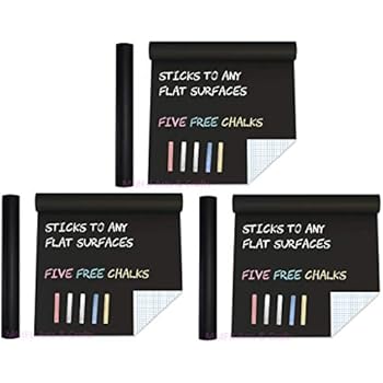3 Pack - Extra Large Black Matte Chalkboard Contact Paper Vinyl Wall Decal Poster (9 FEET) Blackboard Roll Adhesive Paint Alternative w/Bonus Color Chalks - Peel & Stick Wallpaper Sizes 17.8