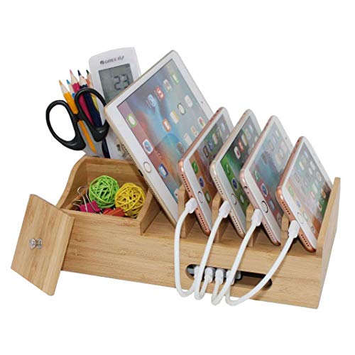 Bamboo Charging Station for Multiple Devices, Multi Use Wood Docking Station with Storage Box, Desktop Holder Organizer Compatible Devices, Phones, Tablets and Stationery (Hub, Cables Not Included) - Thumbnail 7