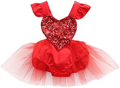 Baby Girl Sequins Heart Tulle Romper Jumpsuit Outfits Sunsuit One-Pieces (Red, 0-6 Month)