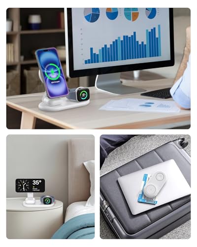 3 in 1 Wireless Charging Station for Apple,Foldable Fast Magnetic Travel Wireless Charger Dock for MagSafe Charger Stand for iPhone 17/16/15/14/13,for Apple Watch,for AirPods