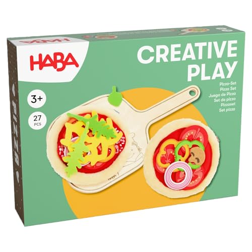 HABA Pizza Play Food Set for Kids Play Kitchen – Felt Toy Food Pizza with Toppings and Wooden Kids Kitchen Accessories for Ages 3+