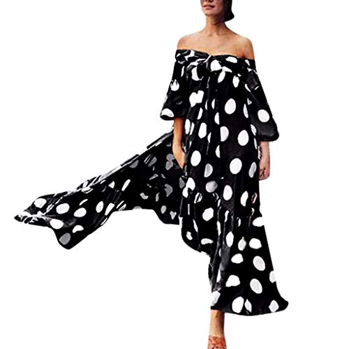 Witspace Women Fashion Polka Dot Printed Dress Cold Shoulder Lace Ruffle Bow Dress Black