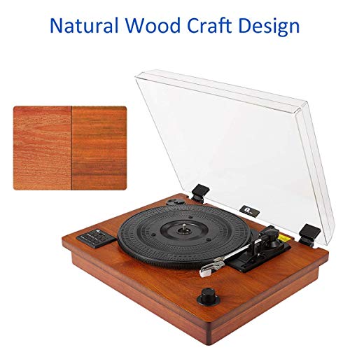 1byone Belt Driven Turntable with Built in Stereo Speaker, Wireless Connection Vintage Style Record Player, Vinyl to MP3 Recording, Natural Wood