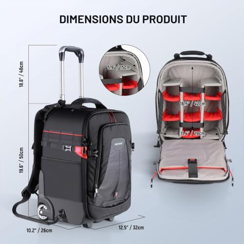 Neewer - 2 in 1 Camera Trolley Case - Durable and Waterproof - (Padded Shockproof Detachable Compartment, Hidden Pull Up Bar) Black