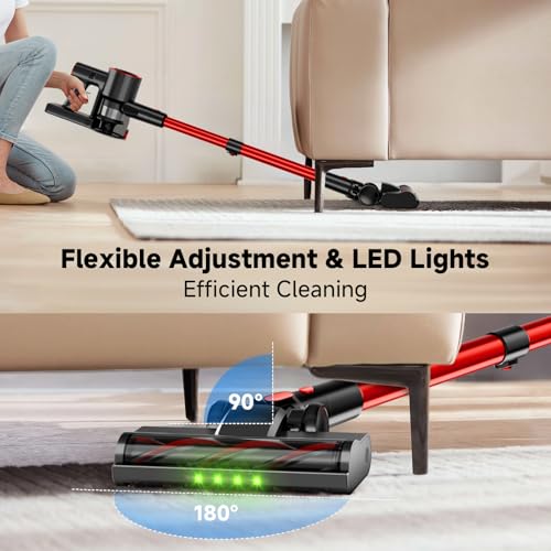 Clinkal Cordless Stick Vacuum Cleaner, 40Kpa Powerful Suction Vacuum Cleaner with LED Headlight, Detachable Battery, 8-in-1 Lightweight Handheld Vacuums for Pet Hair Carpet and Hardwood Floor, Red