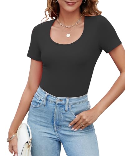 JSQTYSL WOMENS SHORT SLEEVE SCOOP NECK TOPS CASUAL SLIM FITTED BASIC SHIRTS (BLACK,L)