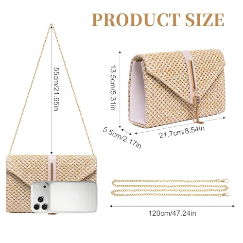 Larcenciel Women's Straw Bag, Women's Tassels Summer Beach with Detachable Chain, Elegant Boho Envelope Raffia Clutch Party, Casual Shoulder Bag Hand Wallet for Weddings Holidays, 21.7 x 5.5 x 13.5 cm