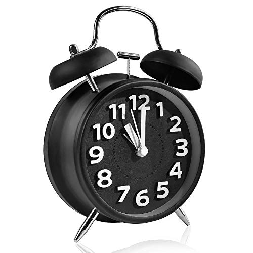 Kimdio 4'' Twin Bell Vintage Alarm Clock with Backlight, Metal Frame Stereoscopic Dial, Battery Operated Travel Clock, Desk Table Clock for Kids, Home, Office etc. (Black)