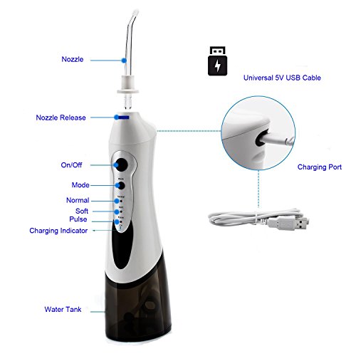 Rechargeable Dental Irrigator for kit Cordless Oral Irrigator Portable Water Flosser with 4 Jet Nozzles 3 Modes,IPX7 Waterfroof. (blace)