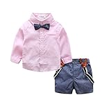 Baby Boy Shirt and Tie Sets Long Sleeve Woven Top+ Bowknot+ Shorts With Suspender Straps Outfits (12-18month, Pink)