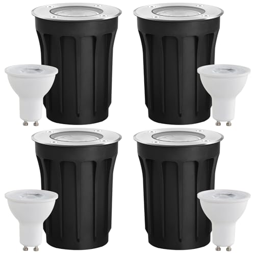 Recessed Outdoor Ground Spotlight for GU10, Goodia 4 Recessed Outdoor LED Spotlight IP67 Waterproof 3W 230V 3000K Warm White, Recessed Outdoor Patio Spotlight for Garden, Path, Park, Courtyard, Round