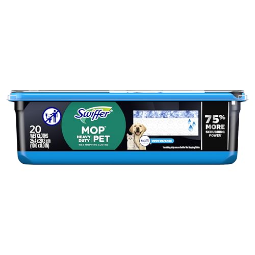 SWIFFER HEAVY DUTY MOP WET MULTI-SURFACE CLOTH REFILLS FOR FLOOR MOPPING AND CLEANING, PET WITH FEBREZE ODOR DEFENSE, 20 COUNT
