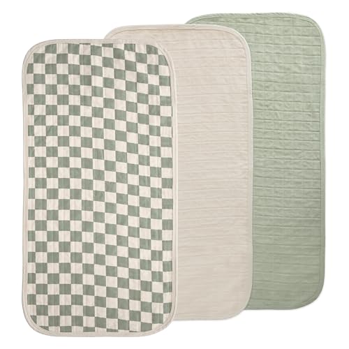 mushie Waterproof Changing Pad Liners | 100% Organic Cotton | Set of 3 (Olive Check Combo)