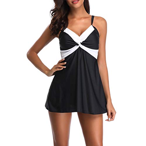 SSYUNO Women Monochrome Patchwork Tankini Sets with Boy Shorts Two Piece Swimsuit and Brief Plus Size,S-5XL Black