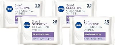 NIVEA 3in1 Sensitive Cleansing Wipes 25 Count Pack of 4 Plant-Based