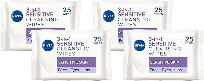 NIVEA 3in1 Sensitive Cleansing Wipes (25 Wipes), Plant-Based Makeup Remover Wipes, Face Wipes for Sensitive Skin, Gentle yet Effective Makeup Removal (Pack of 4)
