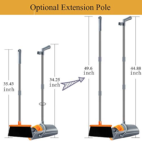 Kelamayi Broom and Dustpan Set, Super Long Handle Lobby Broom, Self-Cleaning with Dust Pan Teeth, Ideal for Home, Kitchen and Office Use (Gray & Orange)