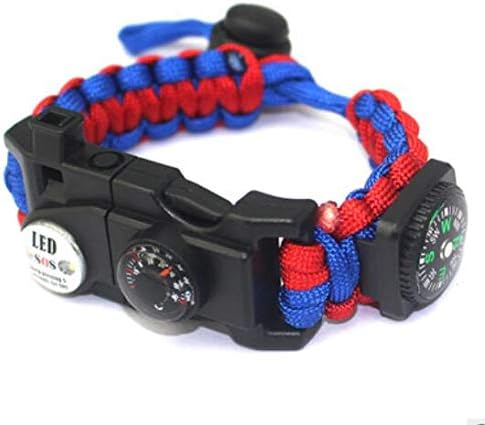 Paracord Survival Bracelet Kit Adjustable with Flint fire starter + Compass + Thermometer + Whistle + Umbrella rope + LED light + Multi-tool + Card reader, for Hiking Camping Outdoor Activities