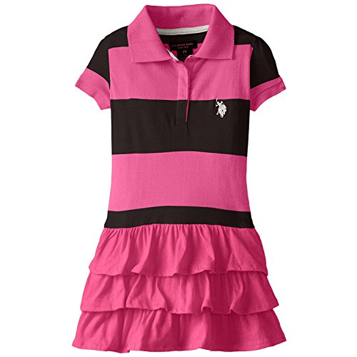 U.S. Polo Assn. Little Girls' Solid Ruffles and Stripe Dress, Pink Kite, 6X