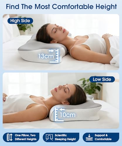 Memory Foam Pillow, Ergonomic Orthopedic Pillow for Neck and Shoulder, Neck Support Pillow for Back, Side, Stomach Sleepers ,Cooling Cervical Pillow with 2 Removable Cover, 2 Adjustable Height