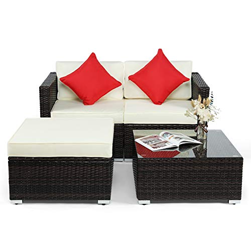 BAHOM Outdoor Patio Conversation Sofa Set 4 PC, All-Weather Wicker Chair and Ottoman Set for Patio, Backyard, Poolside and Balcony