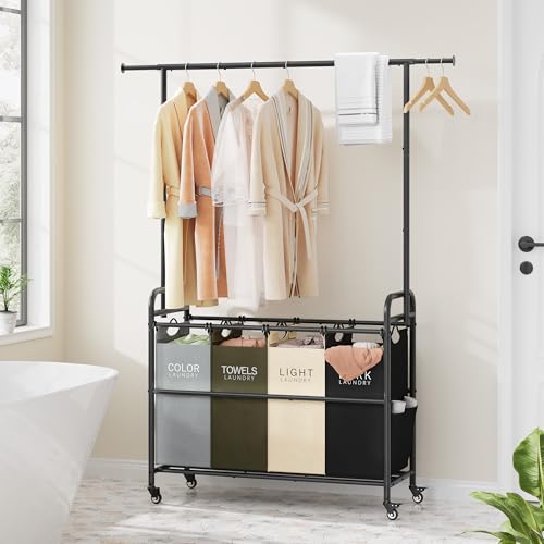 Tajsoon Laundry Sorter Cart with Hanging Clothes Rack, 4 Butler Sorter Basket Organizer, Laundry Hamper Cart with Heavy Duty Rolling Lockable Wheels, 4 Colors