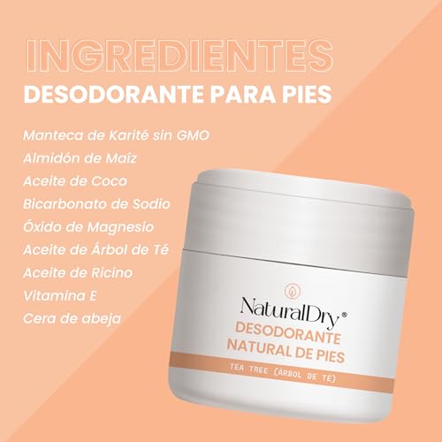 NaturalDry Desodorante para PIES - Crema 100% Natural - Cera con aceite esencial de Tea Trea (1 unidad)