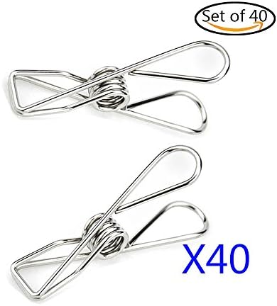 40 PACK 2.2 Inch Multi-purpose Durable Stainless Steel Wire Clips with 10 Bonus Gourd Shape Mini Clips, Windproof Clothespins Metal Clips for Outdoor Indoor Utility Clips Hooks for Home & Office