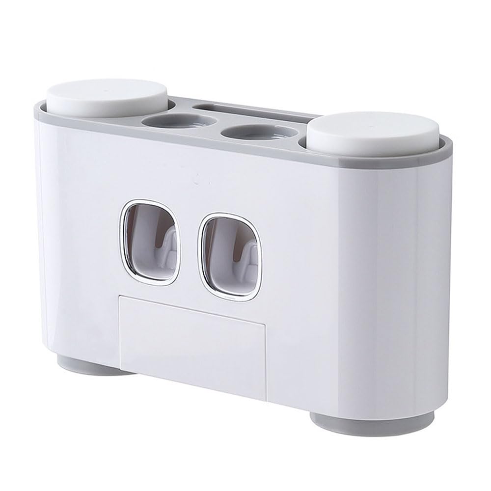 Toothbrush Holder, Wall Mounted Automatic Toothpaste Dispenser with 5 Toothbrush Slots and 4 Magnetic Cups, No Drilling Multifunctional Organizer Storage for Shower Bathroom (Grey)