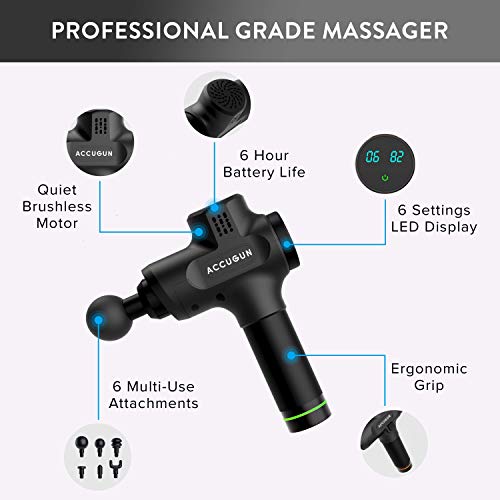 Accugun Portable Massage Gun | 6 Speeds | Quiet, Percussion, Handheld & Cordless Device | Athlete Recovery, Muscle Soreness, Back, Body & Foot Stiffness, Deep Tissue Therapy Relaxation | Flyby Design