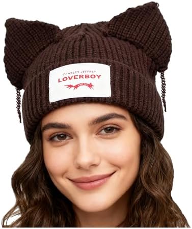 Cat Beanie for Women Girl Y2K Cat Ears Knit Crochet Hat Kawaii