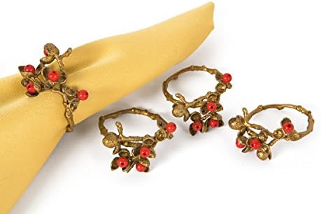 Manor Luxe Holly Berry Holiday Painted Brass Metal with Resin Berry Napkin Rings, Set of 4
