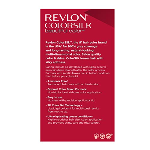 REVLON COLORSILK BEAUTIFUL COLOR PERMANENT HAIR COLOR, LONG-LASTING HIGH-DEFINITION COLOR, SHINE & SILKY SOFTNESS WITH 100% GRAY COVERAGE, AMMONIA FREE, 041 MEDIUM BROWN, 1 PACK