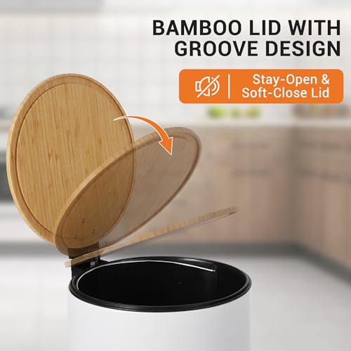 30L Stainless Steel Trash Can with Bamboo Lid, Pedal - Operated Garbage Bin with Removable Inner Bucket for Kitchen, Bathroom, Small Spaces