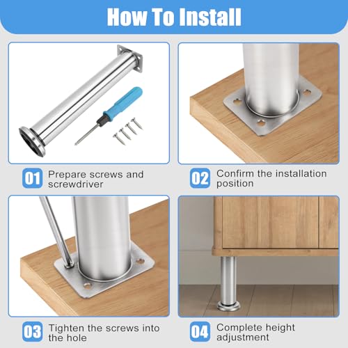 Set of 4 Adjustable Furniture Feet, Stainless Steel Furniture Legs with Non-Slip Pads, Load up to 500 kg for TV Cabinet Sofa Bed (25-42 cm)