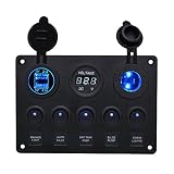 BlueFire Waterproof 5 Gang Rocker Switch Panel with 4.2A Dual USB Slot Socket + Digital Voltage Display + Cigarette Lighter + 5 LED ON-Off Button Switches for RV Car Boat Vehicles Truck Trailer Yacht