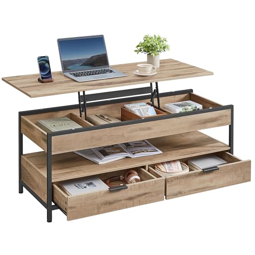 VASAGLE Couchtisch, höhenverstellbarer Wohnzimmertisch, Kaffeetisch, mit Schubladen, offenes Fach, 50 x 120 cm, Kamelbraun-tintenschwarz LCT252K02